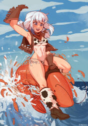  :d animal animal_print armpits artist_name bandana bikini blue_eyes blue_hair boots breasts brown_gloves commentary cow_print cow_print_bikini cowgirl_(western) day female fur-trimmed_boots fur_trim gawr_gura gloves highres hololive hololive_english klimspree long_hair multicolored_hair o-ring o-ring_top open_mouth outdoors oversized_animal print_bikini red_bandana riding sharp_teeth shrimp side-tie_bikini_bottom small_breasts smile solo stomach streaked_hair swimsuit symbol-only_commentary teeth two-tone_hair virtual_youtuber water white_hair 