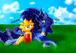  absurd_res alicorn blue_eyes blue_sky cloud cloudy_sky duo equid equine female female/female friendship_is_magic gladiatorromanus grass hasbro hi_res horn human lisa_simpson mammal my_little_pony mythological_creature mythological_equine mythology plant princess_luna_(mlp) sky smile the_simpsons wings yellow_body yellow_skin 