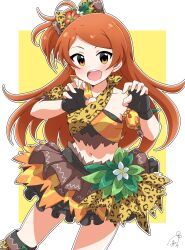  ahoge animal_print arm_garter bare_shoulders black_gloves blush border breasts brown_eyes brown_hair claw_pose cowboy_shot dot_nose female fingerless_gloves flower funxy_k gloves hair_flower hair_ornament hibiscus highres idolmaster idolmaster_million_live! idolmaster_million_live!_theater_days layered_skirt leaf leopard_print long_hair looking_at_viewer midriff miniskirt multicolored_bandeau multicolored_clothes multicolored_skirt navel ogami_tamaki one_side_up open_mouth outside_border print_ribbon red_flower ribbon signature simple_background skirt small_breasts smile solo standing teeth upper_teeth_only white_border white_flower yellow_background 