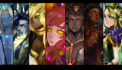  3boys 4girls alexstrasza backward_facing_horns bad_id column_lineup deathwing everyone glowing glowing_eyes highres horns letterboxed lips malygos multiple_boys multiple_girls nal_(nal&#039;s_pudding) nozdormu photoshop_(medium) sindragosa sintharia warcraft world_of_warcraft ysera 