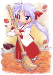  akutagawa_manbou autumn blue_eyes broom commentary_request female food hiiragi_kagami japanese_clothes leaf long_hair lucky_star miko photoshop_(medium) purple_hair solo sweet_potato twintails 