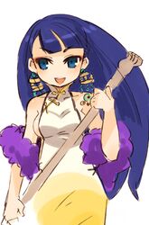  :d backscratcher bare_shoulders blue_eyes blue_hair breasts china_dress chinese_clothes dress earrings female jewelry long_hair mota napier&#039;s_sister open_mouth sekaiju_no_meikyuu sekaiju_no_meikyuu_3 sideboob simple_background sketch smile solo upper_body white_background 