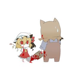  1boy bad_id bad_pixiv_id blonde_hair blood blood_on_clothes blood_on_face blood_on_hands blood_on_weapon chainsaw chibi crossover dr._salvador eiri_(eirri) female flandre_scarlet hat highres red_eyes resident_evil resident_evil_4 short_hair side_ponytail staring sweatdrop touhou weapon wings 