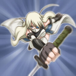  commentary_request don_(donburimon) eyepatch female jubei-chan katana lowres mask solo sword weapon yagyuu_freesia 