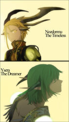  1boy blonde_hair charalue female green_hair horns nozdormu photoshop_(medium) warcraft world_of_warcraft ysera 