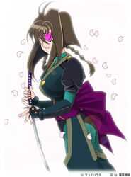  commentary_request eyepatch female heart heart_eyepatch jubei-chan katana maki_michaux nanohana_jiyuu petals solo sword weapon 