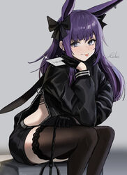  animal_ears arknights beruko14 black_bow black_gloves black_shorts black_thighhighs blue_eyes blush bow closed_mouth english_text feet_out_of_frame female gloves grappling_hook grey_background hairbow highres long_hair long_sleeves looking_at_viewer purple_hair rabbit_ears rope_(arknights) short_shorts shorts signature simple_background sitting smile solo sparkle thighhighs zipper_pull_tab 