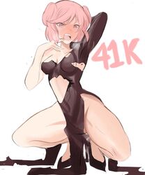  black_dress black_footwear blush breasts commentary cosplay covered_navel doki_doki_literature_club dress english_commentary female long_sleeves looking_at_viewer medium_breasts milestone_celebration natsuki_(doki_doki_literature_club) one-punch_man open_mouth pink_eyes pink_hair rakeemspoon shoes short_hair simple_background solo squatting tatsumaki tatsumaki_(cosplay) torn_clothes torn_dress white_background 