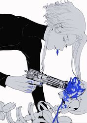  1boy absurdres blood blue_blood blue_nails cross_tattoo earrings eyelashes forever_7th_capital from_side gun half-closed_eyes hand_tattoo handgun headshot highres holding holding_gun holding_weapon iscario_(forever_7th_capital) jewelry leaf light_smile long_sleeves looking_away male_focus monochrome outstretched_arm plant portrait shirt short_hair_with_long_locks simple_background single_earring skeleton solo spot_color tattoo tight_clothes tight_shirt weapon ye_(ran_chiiipye) 