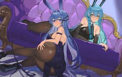  2girls absurdres anchor animal_ears aqua_hair ass azur_lane bare_shoulders between_breasts black_leotard black_pantyhose blue_eyes blue_hair blush bodystocking boise_(azur_lane) boise_(sheepish_sapphire)_(azur_lane) braid breasts couch elbow_gloves from_behind gloves hair_ornament hair_spread_out hand_on_own_ass high_heels highres jintianhuahualema leotard long_hair looking_at_viewer looking_back lying multiple_girls necktie necktie_between_breasts new_jersey_(azur_lane) new_jersey_(exhilarating_steps!)_(azur_lane) official_alternate_costume pantyhose playboy_bunny rabbit_ears shiny_clothes smile twin_braids very_long_hair yellow_eyes 