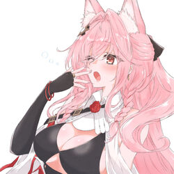  ;o animal_ear_fluff animal_ears arknights bare_shoulders bikini bikini_top_only black_bikini black_gloves blush bracelet braid breasts cleavage covering_own_mouth earrings elbow_gloves extra_ears eyes_visible_through_hair female fingerless_gloves flower gloves hair_intakes hair_ornament highres jewelry large_breasts long_hair maiq06 one_eye_closed open_mouth pink_hair pozyomka_(arknights) red_eyes red_flower red_rose rose simple_background solo swimsuit tears twin_braids upper_body white_background wolf_ears yawning 