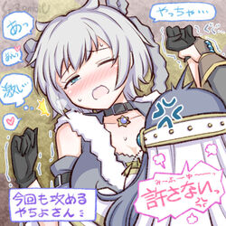  2girls azusa_mifuyu black_choker black_gloves blue_gemstone blue_hair blush breasts bridal_gauntlets choker cleavage clenched_hands detached_sleeves from_behind fur-trimmed_jacket fur-trimmed_sleeves fur_trim gem gloves grey_hair grey_jacket grey_sleeves hair_horns half-closed_eye hands_up heart hexagram holding_another&#039;s_wrist jacket long_hair magia_record:_mahou_shoujo_madoka_magica_gaiden magical_girl mahou_shoujo_madoka_magica multiple_girls nanami_yachiyo no_nose one_eye_closed open_mouth pinned short_hair sidelocks signature sleeveless sleeveless_jacket spoken_heart steam_from_mouth studiozombie sweat swept_bangs tassel translation_request trembling veil wavy_mouth yuri 