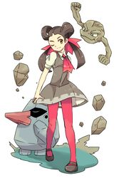  black_dress black_footwear black_hair brown_eyes commentary_request dress female flat_chest floating full_body geodude highres long_hair mizuto_(o96ap) nosepass one_eye_closed pantyhose pink_legwear pokemon pokemon_(creature) pokemon_oras rock roxanne_(pokemon) shoes short_sleeves smile standing 