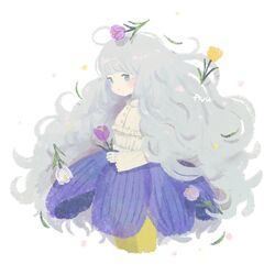  ayu_(mog) big_hair blouse blue_eyes blush closed_mouth commentary cowboy_shot female flower grey_eyes grey_hair hair_flower hair_ornament highres holding holding_flower long_hair long_sleeves looking_at_viewer original pantyhose purple_flower purple_skirt purple_tulip shirt simple_background skirt solo standing symbol-only_commentary tulip very_long_hair white_background white_flower white_shirt white_tulip yellow_flower yellow_pantyhose yellow_tulip 