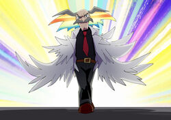  1boy bald black_pants blue_eyes colored_inner_hair derivative_work dr._wily_(mega_man) facial_hair feather_coat grey_hair highres kill_la_kill kiryuuin_ragyou labcoat look-alike male_focus mega_man_(classic) mega_man_(series) moustache multicolored_hair necktie norue old old_man pants pointy_nose rainbow_hair screencap_redraw solo white_hair 