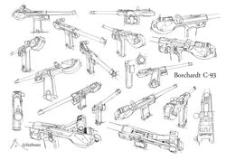  borchardt_c-93 commentary english_text golden_kamuy greyscale gun handgun highres monochrome no_humans original perspective signature simple_background twitter_username weapon weapon_focus zifletts 