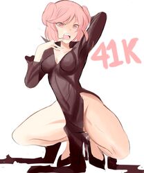  black_dress black_footwear breasts commentary cosplay covered_navel doki_doki_literature_club dress english_commentary female long_sleeves looking_at_viewer medium_breasts milestone_celebration natsuki_(doki_doki_literature_club) one-punch_man open_mouth pink_eyes pink_hair rakeemspoon shoes short_hair simple_background solo squatting tatsumaki tatsumaki_(cosplay) white_background 