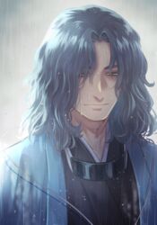  1boy aion_kiu black_kimono brown_eyes fate/grand_order fate_(series) grey_hair haori japanese_clothes kimono light_smile male_focus medium_hair portrait rain saitou_hajime_(fate) saitou_hajime_(third_ascension)_(fate) shinsengumi smile solo upper_body wavy_hair wet wet_clothes wet_hair 