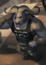  2023 anthro bottomwear bovid bovine bulge cape_buffalo chief_bogo clothed clothing cloven_hooves disney fully_clothed fur grey_body grey_fur hi_res high-angle_view hooves horn jewelry lynncore male mammal muscular muscular_anthro muscular_male necklace shirt shorts solo tank_top topwear wiping_sweat zootopia 