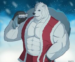  2022 6:5 abs anthro artist_name bear beard biceps bottomwear christmas clothing costume dated december_twilight facial_hair fur fur_lined_bottomwear fur_lined_clothing green_eyes hair hi_res holding_bag holidays ice male mammal muscular muscular_anthro muscular_male navel nicholas_briant pants pecs polar_bear red_bottomwear red_clothing red_pants red_topwear red_vest santa_costume sideburns snow snowing solo storiaxion topwear triceps ursine vest white_body white_fur white_hair 