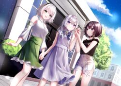  3girls :d absurdres amnesia_(majo_no_tabitabi) black_hairband black_shirt blue_eyes blue_sky brown_hair closed_mouth clothing_cutout cloud collared_shirt day dress dress_shirt dutch_angle elaina_(majo_no_tabitabi) green_eyes green_ribbons green_skirt grey_ribbon hair_between_eyes hairband highres holding_hands interlocked_fingers long_hair majo_no_tabitabi miniskirt multiple_girls off-shoulder_shirt off_shoulder open_mouth outdoors pleated_skirt ribbon saya_(majo_no_tabitabi) shirt short_hair short_shorts shorts shoulder_cutout side_slit skirt sky sleeveless sleeveless_dress smile standing sundress very_long_hair white_dress white_hair white_shorts wing_collar yayoi_(yay0ee) 