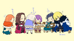  2boys 4girls annette_fantine_dominic armor bad_id bad_twitter_id bernadetta_von_varley black_hair blonde_hair blue_cape blush_stickers brown_gloves brown_hair cape capelet chair chibi closed_eyes closed_mouth cookie cup dimitri_alexandre_blaiddyd dorothea_arnault dress eating eyepatch felix_hugo_fraldarius fire_emblem fire_emblem:_three_houses food from_behind from_side fur_trim gloves guttary hair_ornament holding holding_cup long_hair long_sleeves lysithea_von_ordelia multiple_boys multiple_girls open_mouth orange_hair purple_hair short_hair simple_background sitting sleeping smile table teacup twitter_username 