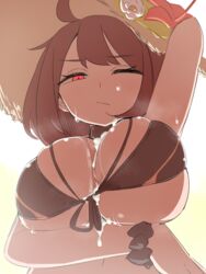  ahoge arm_up bikini bikini_top_only breasts brown_hair cleavage close-up closed_mouth cum cum_on_body cum_on_breasts female guardian_tales hakika hat highres large_breasts looking_at_viewer medium_hair one_eye_closed red_eyes simple_background solo straw_hat summer_innkeeper_loraine sweat swimsuit underboob 