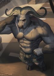  2023 abs anthro bottomwear bovid bovine bulge cape_buffalo chief_bogo clothed clothing cloven_hooves disney fur grey_body grey_fur hand_wraps hi_res high-angle_view hooves horn jewelry lynncore male mammal muscular muscular_anthro muscular_male necklace nipples partially_clothed pecs shorts solo topless wiping_sweat wraps zootopia 