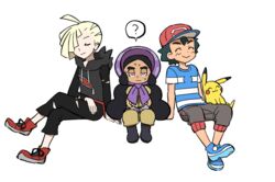  2boys ? ahoge ame_(ame025) baseball_cap black_footwear black_hair black_pants blonde_hair blue_footwear bonnet boots closed_eyes closed_mouth commentary_request female gladion_(pokemon) gloves grey_pants half-closed_eyes hapu_(pokemon) hat hood hood_down hoodie invisible_chair jumpsuit long_hair multiple_boys pants pikachu pokemon pokemon_(anime) pokemon_(creature) pokemon_sm_(anime) purple_headwear red_footwear red_headwear satoshi_(pokemon) shirt shoes short_hair short_sleeves sitting smile spoken_question_mark striped_clothes striped_shirt sweat t-shirt torn_clothes torn_pants twintails wavy_mouth 