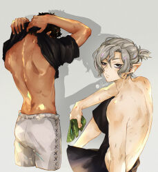  2boys absurdres alternate_hairstyle back bags_under_eyes black_eyes black_hair black_pants black_shirt clothes_lift cowboy_shot cropped_legs dark-skinned_male dark_skin dungeon_meshi elf from_behind grey_background grey_hair highres holding kabru lazy_eye looking_at_viewer looking_back male_focus max_art149 mithrun multiple_boys multiple_scars multiple_views notched_ear pants pointy_ears ponytail scar shadow shirt shirt_lift short_hair short_ponytail shoulder_blades simple_background spine topless_male undressing uneven_eyes wavy_hair white_pants 