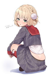  absurdres ass black_shirt black_skirt blonde_hair blush braid butt_crack commentary_request eru_(l_illust45) female green_eyes hair_ornament highres indie_virtual_youtuber long_sleeves looking_at_viewer looking_back open_mouth pinstripe_pattern pinstripe_shirt pinstripe_skirt pom_pom_(clothes) pom_pom_hair_ornament red_sailor_collar red_socks sailor_collar shigure_ui_(vtuber) shigure_ui_(vtuber)_(1st_costume) shirt short_hair simple_background skirt socks solo squatting striped_clothes translation_request vertical-striped_clothes virtual_youtuber white_background 