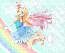  bare_shoulders barefoot blonde_hair choker commentary_request cosplay cure_parfait cure_parfait_(cosplay) dress elbow_gloves food food-themed_hair_ornament fruit g_tear gloves hair_ornament headband highres kirahoshi_ciel kirakira_precure_a_la_mode leaf long_hair looking_at_viewer multicolored_eyes open_mouth orange_(fruit) parfait pearl_choker precure rainbow self_cosplay strapless strapless_dress white_gloves 