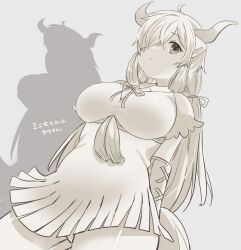  ahoge animal_ears arms_behind_back closed_mouth dress eyelashes female from_below gloves hair_over_one_eye highres horns kemono_friends long_hair looking_at_viewer monochrome panties pantyshot ribbon shadow solo suicchonsuisui tail tassel translation_request underwear yak_(kemono_friends) 