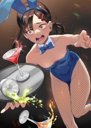  absurdres animal_ears blue_leotard bow bowtie breasts chainsaw_man commentary_request covered_navel detached_collar drink fake_animal_ears female fishnet_pantyhose fishnets hair_ornament hairclip higashiyama_kobeni highres leotard meltykiss0316 mole mole_on_cheek mole_under_eye mole_under_mouth multiple_moles open_mouth pantyhose playboy_bunny rabbit_ears short_hair short_ponytail single_sidelock solo spilling strapless strapless_leotard 