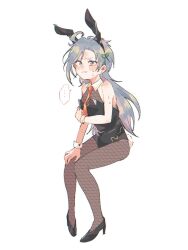  ... alternate_costume animal_ears bare_shoulders black_footwear black_leotard commentary_request fake_animal_ears female fishnet_pantyhose fishnets full_body grey_eyes grey_hair hand_on_own_knee high_heels highres himemushi_momoyo leotard long_hair looking_at_viewer necktie open_mouth orange_necktie pantyhose playboy_bunny rabbit_ears rabbit_tail simple_background solo spoken_ellipsis sweat tail touhou ut0wv very_long_hair white_background 