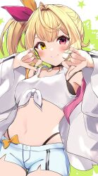  black_panties blonde_hair bow cowboy_shot crop_top female hair_ribbon heterochromia highleg highleg_panties highres hoshikawa_sara hoshikawa_sara_(1st_costume) jacket light_blush long_hair looking_at_viewer midriff navel nijisanji nozomu144 orange_bow panties red_eyes ribbon short_shorts shorts side_ponytail smile solo star_(symbol) underwear virtual_youtuber white_jacket yellow_eyes 