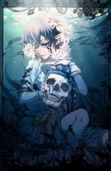  1boy astresia bishounen black_border blue_eyes blue_hair blue_jacket blue_shorts border ciel_phantomhive dark_blue_hair earrings expressionless floral_border flower flower_over_eye hair_flower hair_ornament hair_over_one_eye holding holding_skull ink_on_face jacket jewelry kuroshitsuji light_particles looking_at_viewer male_focus parted_lips ribbon short_hair shorts skull solo underwater white_flower 