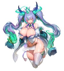  absurdres between_breasts blue_hair blush breasts cleavage colored_extremities colored_tips commentary female fire full_body green_eyes green_fire green_hair green_hands highres horns huge_breasts leggings long_hair looking_at_viewer multicolored_hair navel no_shoes original pelvic_curtain revealing_clothes shiny_skin sidelocks simple_background skindentation solo stirrup_legwear teeth thelastsliver thighhighs toeless_legwear twintails very_long_hair white_background white_thighhighs wide_sleeves 