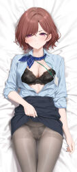  absurdres bed_sheet black_bra black_panties black_pantyhose black_skirt blue_shirt blush bra breasts brown_hair cleavage clothes_lift collarbone cropped female from_above highres higuchi_madoka idolmaster idolmaster_shiny_colors lace-trimmed_bra lace_trim lanyard lifting_own_clothes looking_at_viewer lying medium_breasts mole mole_under_eye on_back open_clothes open_shirt panties panties_under_pantyhose pantyhose red_eyes second-party_source shirt shirt_tucked_in short_hair skirt skirt_lift solo sweatdrop thong underwear yd_(orange_maru) 