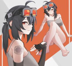  absurdres ahoge bare_shoulders barefoot black_gloves black_hair breasts camisole cleavage crossed_bangs crossed_legs feet female fingerless_gloves gloves goggles goggles_on_head grace_howard grey_camisole hair_between_eyes highres ineedpuppy large_breasts long_hair looking_at_viewer multiple_views off_shoulder orange_eyes parted_lips shoulder_tattoo single_fingerless_glove sitting smile sweat tattoo toes zenless_zone_zero 