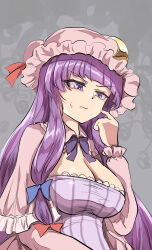  blue_bow blunt_bangs bow bowtie breasts capelet closed_mouth commentary crescent crescent_hat_ornament dress female grey_background hairbow hat hat_ornament hat_ribbon highres large_breasts long_sleeves mob_cap namiki_(remiter00) patchouli_knowledge pinky_out purple_bow purple_bowtie purple_eyes red_bow red_ribbon ribbon solo striped_clothes striped_dress sweatdrop touhou upper_body vertical-striped_clothes vertical-striped_dress wavy_mouth 