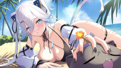  animal_ears beach black_nails blue_sky blush breasts cleavage cloud cocoablue23 detached_sleeves fake_animal_ears female grey_eyes grey_hair highres hololive large_breasts lion_ears lion_girl long_hair looking_at_viewer nail_polish palm_leaf palm_tree sand shishiro_botan sky solo ssrb_(shishiro_botan) tree virtual_youtuber water white_sleeves 