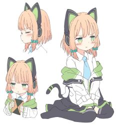  :t animal_ear_headphones animal_ears aqua_necktie black_thighhighs blonde_hair blue_archive blush bow cat_ear_headphones cat_ears cat_tail closed_eyes closed_mouth fake_animal_ears female green_bow green_eyes hairbow headphones holding jacket kamotsu_yasai long_sleeves looking_to_the_side midori_(blue_archive) multiple_views necktie open_clothes open_jacket shirt short_hair sidelocks sitting tail thighhighs v_arms wariza white_jacket white_shirt 