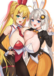  2girls animal_ears black_pantyhose blonde_hair blue_eyes blush bow bowtie braid breasts cleavage fake_animal_ears fake_tail green_eyes grey_hair hair_ornament hairband hairclip hand_on_own_hip highres huge_breasts kizuna_akari leotard lips long_hair multiple_girls nail_polish necktie open_mouth orange_bow orange_bowtie orange_nails orange_pantyhose pantyhose playboy_bunny ponytail rabbit_ears rabbit_tail red_hairband red_leotard red_nails red_necktie simple_background smile tail tenneko_yuuri thigh_strap tsurumaki_maki twin_braids v very_long_hair voiceroid white_background white_hairband white_leotard wing_collar wrist_cuffs 