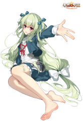  :d \||/ absurdres bare_legs barefoot blue_ribbon blush bow chinese_commentary commentary_request copyright_name cropped_jacket dutch_angle english_text feet female foreshortening full_body green_hair green_jacket green_skirt hair_ribbon hair_spread_out hairbow happy highres jacket knees_together_feet_apart legs long_hair long_sleeves looking_at_viewer low-tied_long_hair lying miniskirt murasame_(senren) official_alternate_costume official_alternate_hairstyle on_side open_clothes open_jacket open_mouth outstretched_arm outstretched_hand purple_eyes ribbon rosem_lin sailor_collar school_uniform senren_banka serafuku shirt sidelocks simple_background skirt smile soles toes tsurime two_side_up very_long_hair white_background white_bow white_sailor_collar white_shirt 