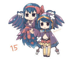  &gt;:) 2girls akemi_homura akuma_homura alternate_color argyle_clothes argyle_thighhighs bandaid bandaid_on_head baton_(weapon) black_footwear blue_eyes blue_footwear blue_hair bow chibi clenched_hand cloak closed_mouth commentary_request crossed_legs dot_nose dress elbow_gloves floating frilled_skirt frills full_body gloves hairbow highres hood hood_up hooded_cloak jewelry jitome kuroe_(madoka_magica) legs_apart long_hair magia_record:_mahou_shoujo_madoka_magica_gaiden magical_girl mahou_shoujo_madoka_magica mahou_shoujo_madoka_magica:_hangyaku_no_monogatari midriff multicolored_cloak multiple_girls navel no_nose orange_skirt papa_(shimeguru)_(style) parted_lips purple_bow purple_cloak purple_dress purple_eyes purple_gloves purple_thighhighs purple_wings red_bow rioran shoes short_hair signature simple_background skirt smile smug standing sweat swept_bangs thighhighs thighlet twitter_username two-sided_dress two-sided_fabric v-shaped_eyebrows weapon white_background wings yellow_thighhighs 