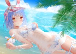  absurdres animal_ears bikini bikini_skirt blue_bikini blue_hair blue_nails blue_sky blush breasts cleavage cloud female frilled_bikini frills highres hololive looking_at_viewer nail_polish navel official_alternate_costume orange_eyes palm_leaf pekomon_(usada_pekora) rabbit-shaped_pupils rabbit_ears rabbit_girl short_eyebrows short_hair sky smile surgate_matias swimsuit symbol-shaped_pupils thigh_strap usada_pekora usada_pekora_(summer) virtual_youtuber visor_cap water 