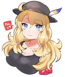  armband bare_arms bare_shoulders big_hair black_hat black_shirt black_tank_top blonde_hair blue_eyes calenda_(kemono_friends) commentary_request duplicate female hair_tie hat hat_feather kemono_friends kemono_friends_3 long_hair looking_at_viewer shirt smile solo suicchonsuisui tank_top translated upper_body 