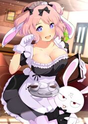  +_+ :d alternate_costume animal_ears apron betterthanbone2 black_dress blue_eyes blush book booth_seating bow breasts collarbone cup dress enmaided extra_ears female flower-shaped_pupils frilled_dress frills fur-trimmed_gloves fur_trim gloves hairbow hibari_(senran_kagura) holding holding_book holding_tray indoors large_breasts lens_flare light_particles maid maid_apron maid_headdress ninto_(senran_kagura) open_mouth paw_pose pink_hair pink_pupils plant plate rabbit rabbit_ears rabbit_tail restaurant ribbon senran_kagura senran_kagura_shoujo-tachi_no_shin&#039;ei shiny_skin short_hair short_sleeves short_twintails smile solo spill symbol-shaped_pupils tail tea teacup tray tree twintails waist_apron waiter waitress white_apron white_gloves window 