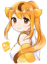  animal_ears bare_shoulders blonde_hair blush circlet duplicate elbow_gloves female gloves golden_snub-nosed_monkey_(kemono_friends) high_collar highres kemono_friends long_hair looking_at_viewer monkey_ears monkey_girl orange_eyes over_shoulder ponytail shirt sleeveless smile solo suicchonsuisui translated white_shirt 